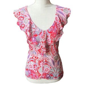 Anthropologie W5 Womens‎ Ruffled Floral Paisley Blouse Top Medium Red Purple EUC